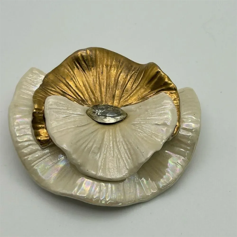 Vintage Artist Signed Original Abstract Gold Tone and White Floral Leaves Brooch